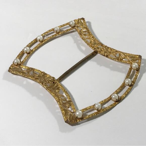 Vintage Ornate Filigree Pearl Gold Gilt Victorian Sash Belt Buckle Large Estate - Picture 6 of 14